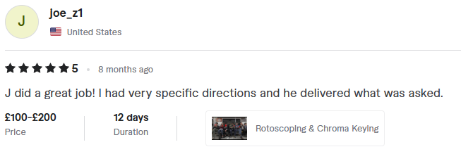 Testimonial from joe_z1 - Rotoscoping & Chroma Keying